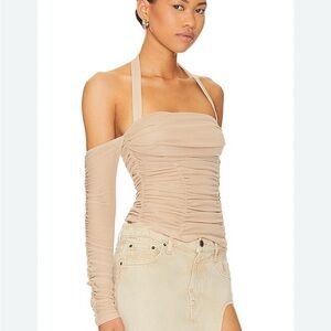 Lovers & Friends Lylah Ruched Mesh Long Sleeve Halter Top Size Medium Beige